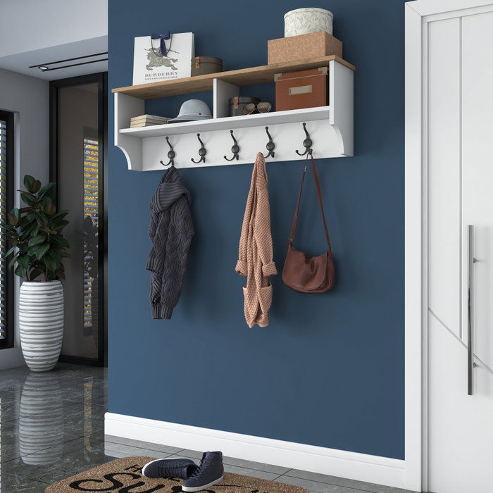 Hanah Home P2 - 2460 Perchero Recibidor con Almacenamiento y Ganchos de Metal, Blanco y Nogal, 120x37.2x22.2 cm